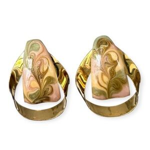 Vintage 1980s Retro Marbled Abstract Swirl Enamel Clip-On Gold-Tone Earrings